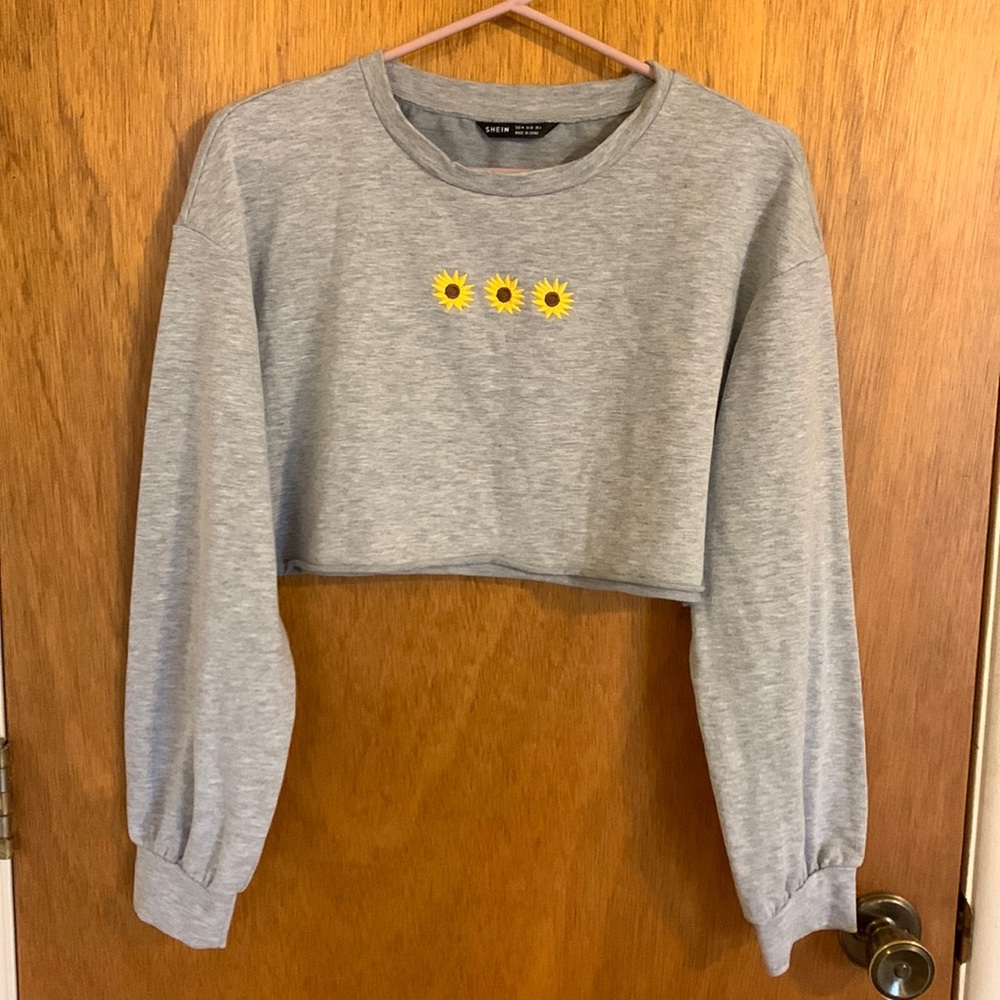 Shein. Gray, long sleeve crop top with sunflower embroidery